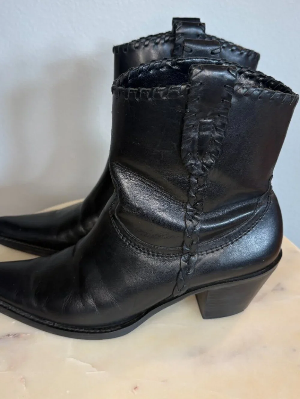 Franco Sarto Levee Black Leather Pointed Toe Western Cowboy Boots Size 8m
